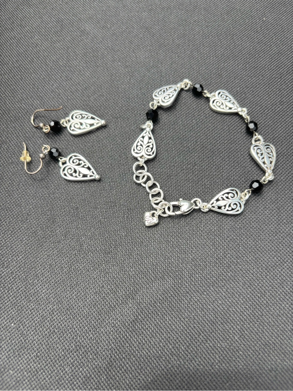 Brighton Silver-Tone Black Beads Lobster Claw Mila’s Heart Bracelet And Earrings